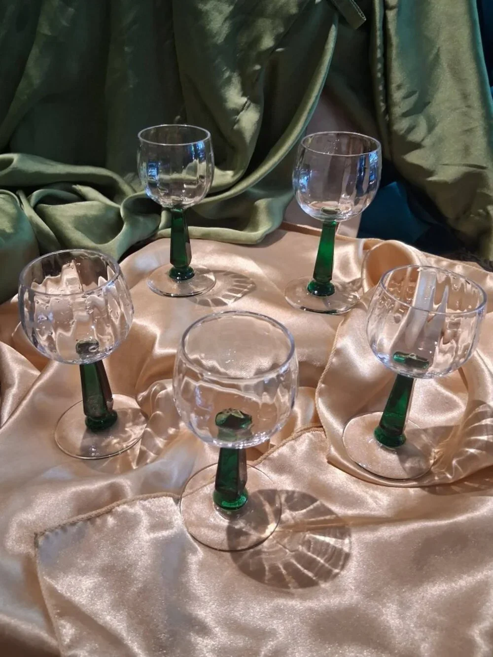Vintage Green Stemmed Roemer Rhine Wine Glasses Optic Bowl Set of 5